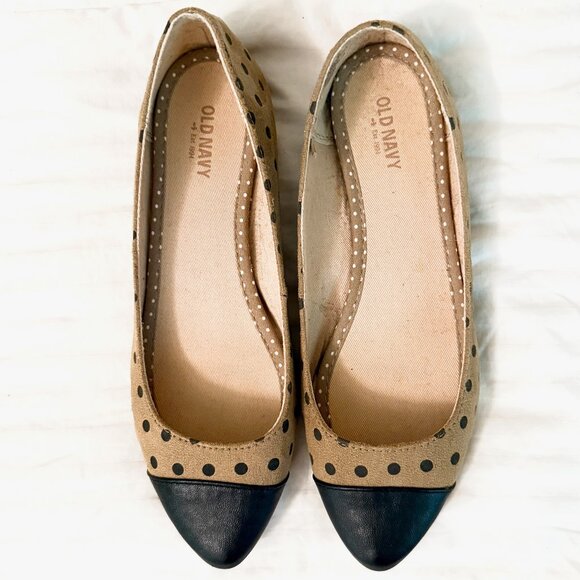 Old Navy Cap Toe Flats Camel with Black Polka Dots Size 8 - Picture 1 of 5